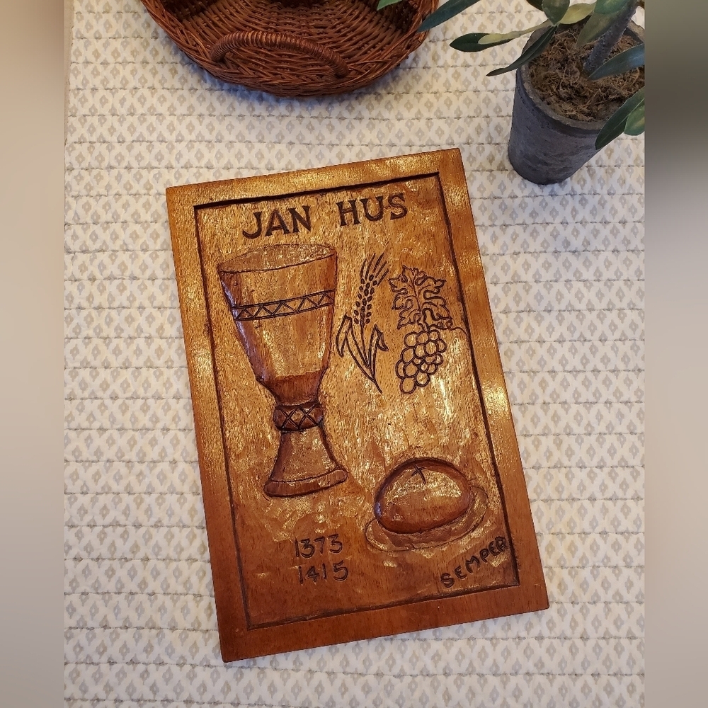 Hand Carved Mahogany Art Jan Hus Plaque